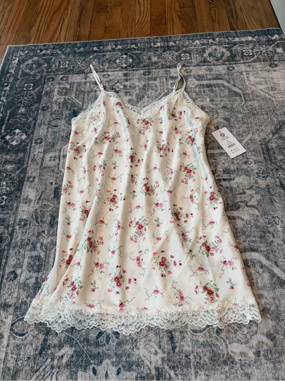 Cream Floral Lace-Trim Chemise with Pink Rose Print